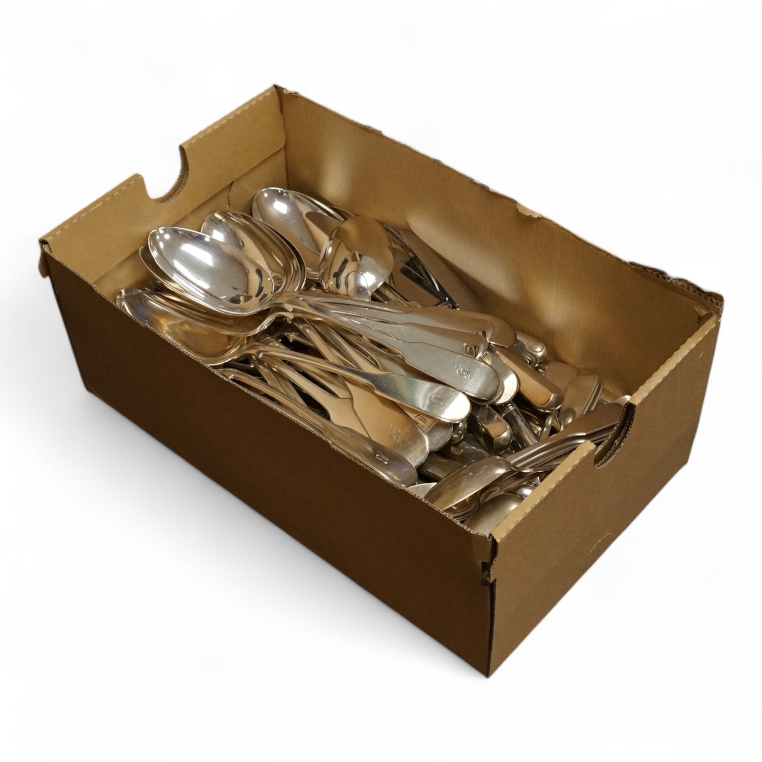 A harlequin part canteen of 19th century silver fiddle pattern flatware, comprising fifty four items, various dates and makers including twelve table spoons, twelve table forks and six dessert spoons with engraved initia